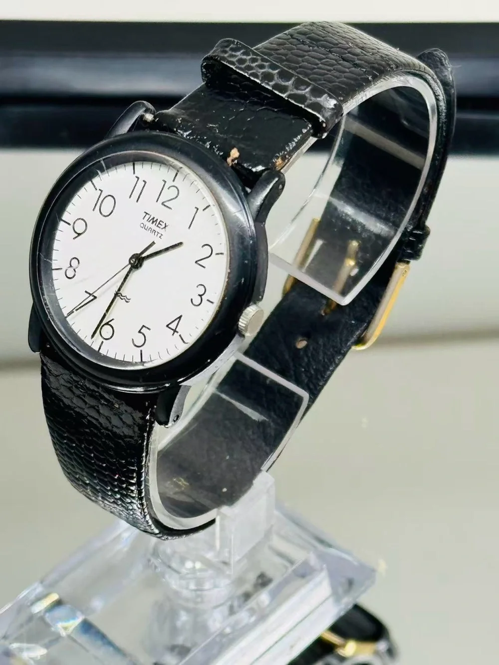 Vintage Timex Quartz Black Case White Dial Men Watch 32mm New Battery Running
